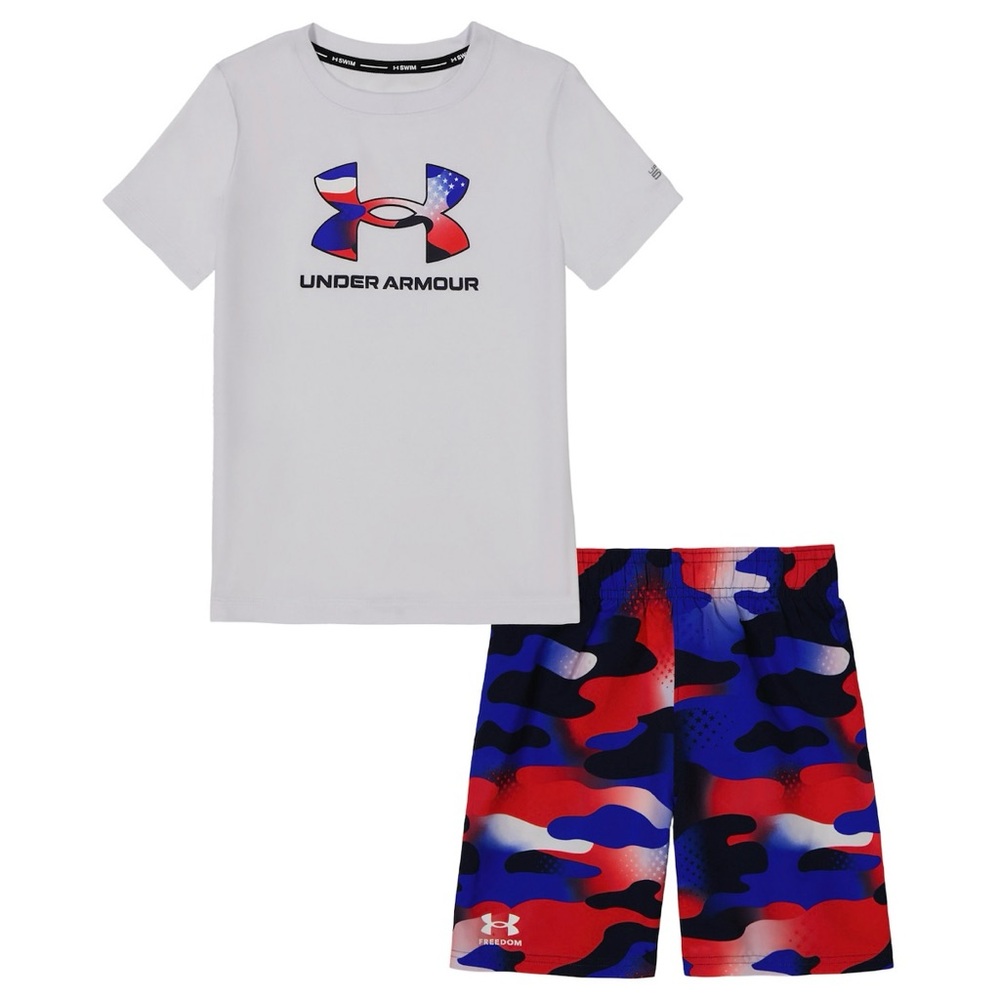 NEW Youth Boy Under Armour Rashguard & Swim Trunks Set American Red White Blue